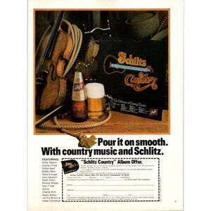 1981 Schlitz Beer Country Music Album Fiddle Vintage Print Ad 80s Wall Art